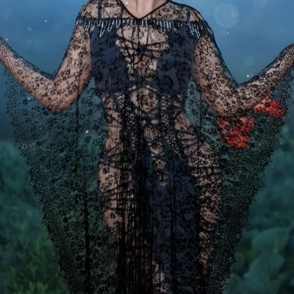 Sheer Sexy Black Lace Caftan Long Maxi Coverup Lingerie Dress Gothic Gown Kaftan - Picture 6 of 16